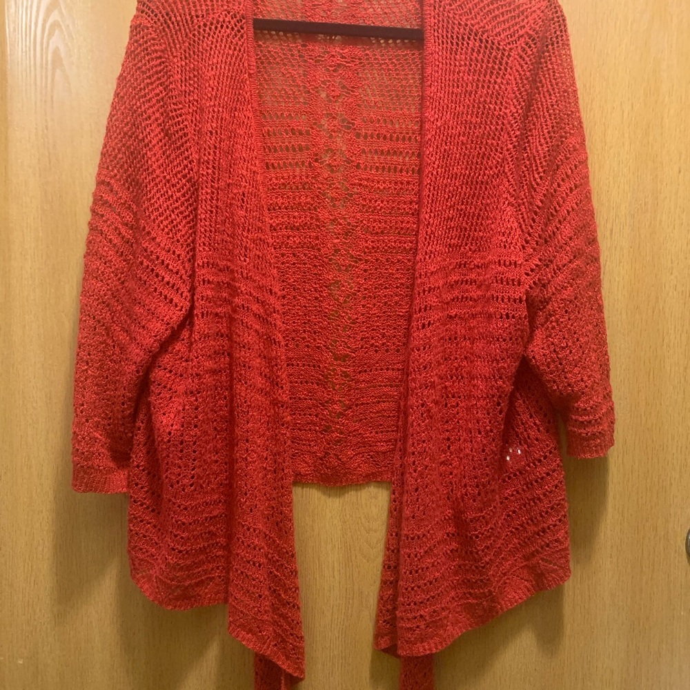 Women’s red crocheted look open front sweater by roz & ali 3X